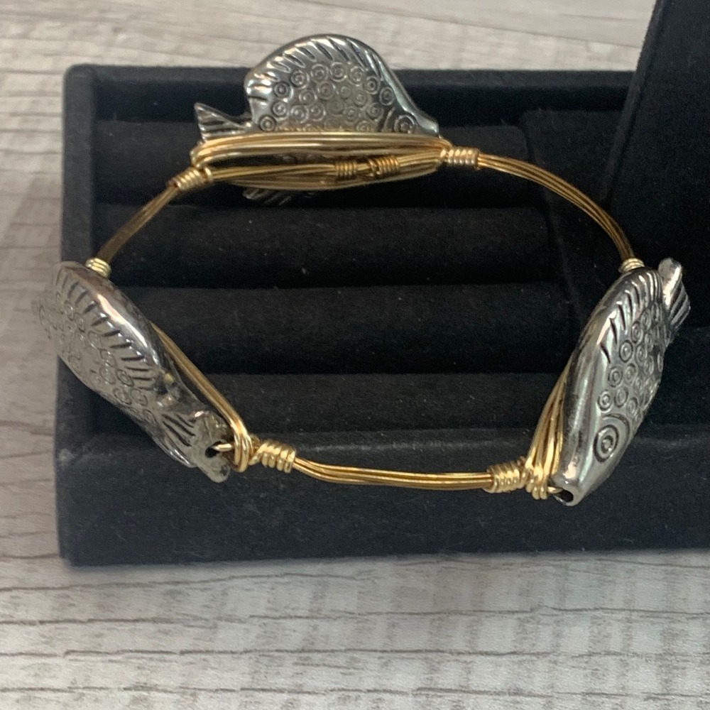 Handmade Mixed Metal Wire Wrapped Fish Bangle Bracelet Gold Silver Tone 5503